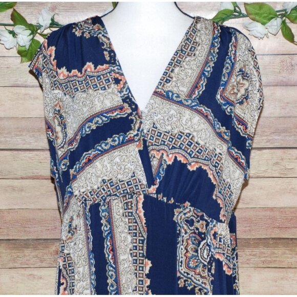 Cato Ladies Blue Patterned Maxi Dress Size XL V-Neck Sleeveless Stretch Long - Picture 2 of 9